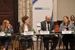 (l-r) Ambassador of Italy to Montenegro Andreina Marsella, head of the OSCE Mission to Montenegro Dominique Waag, State Secretary in the Ministry of Justice Bojan Božović and US Ambassador to Montenegro Judy Rising Reinke opening the national workshop on social re-use of confiscated assets in Montenegro, Podgorica, 2 November 2022.  (OSCE/Marina Živaljević)