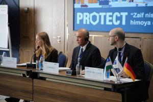 Participants speaking at the national awareness-raising workshop on critical infrastructure protection from terrorist attacks, Uzbekistan (OSCE)