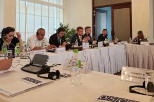 Ambassador Valeriu Chiveri (c), Head of the OSCE Programme Office in Dushanbe delivering an opening speech at the conference to mark World Day against Trafficking in Human Beings, Dushanbe, 25 July 2019.  (OSCE/Jamshed Haydarov)